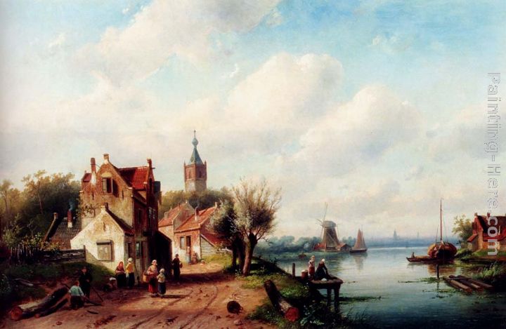 A Village Along A River, A Town In The Distance painting - Charles Henri Joseph Leickert A Village Along A River, A Town In The Distance art painting